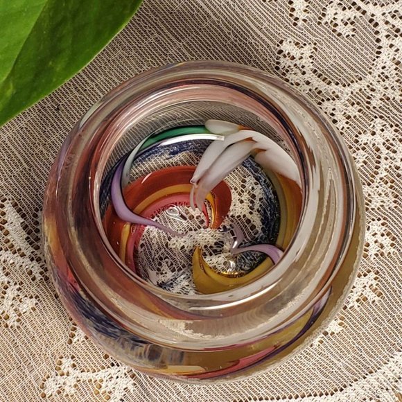 Art Glass Votive Holder Orb Paperweight 2007 Signed Lovely Color Swirls 3" Used - Picture 4 of 9